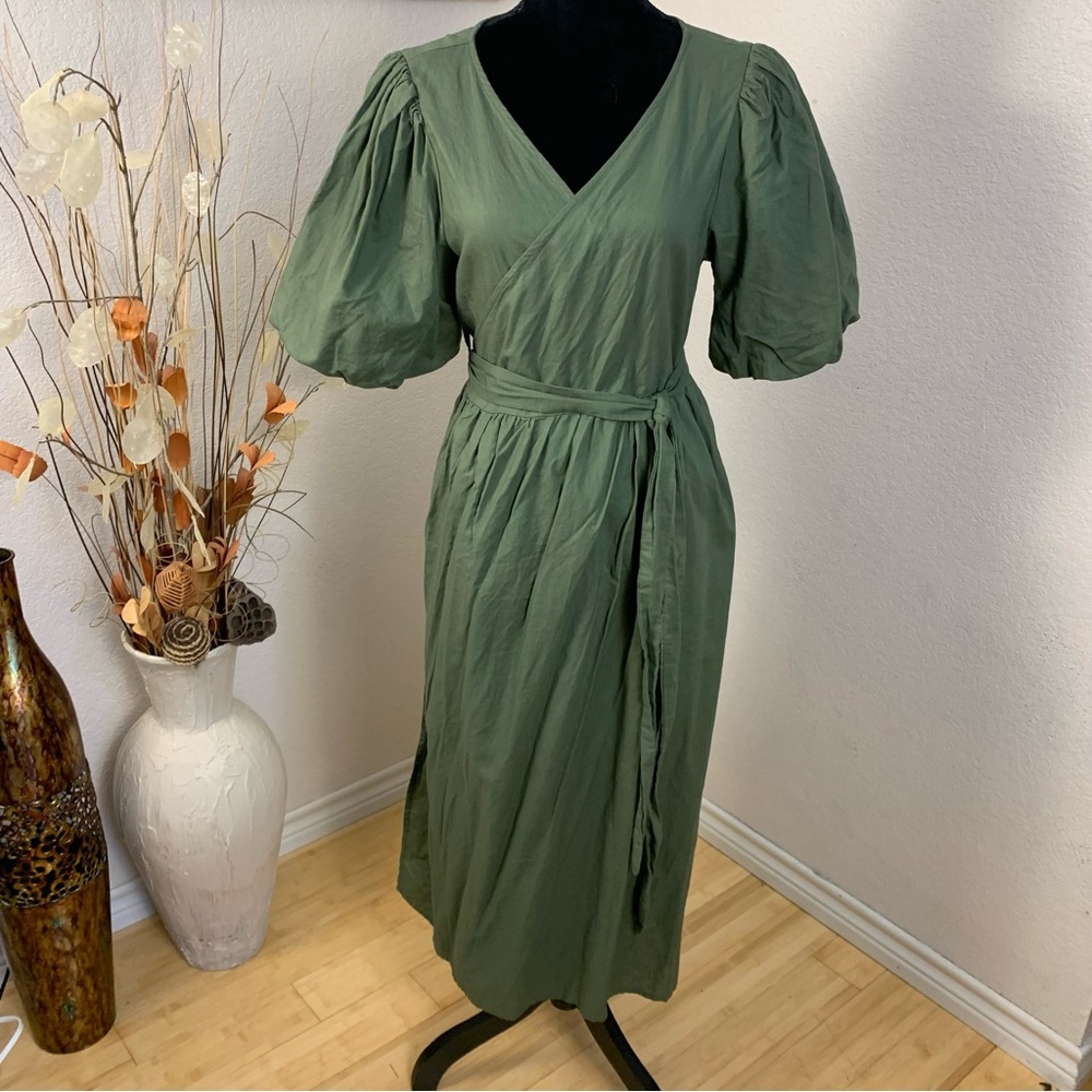 Linen / cotton olive green , balloon puff sleeve,  wrap tie dress
